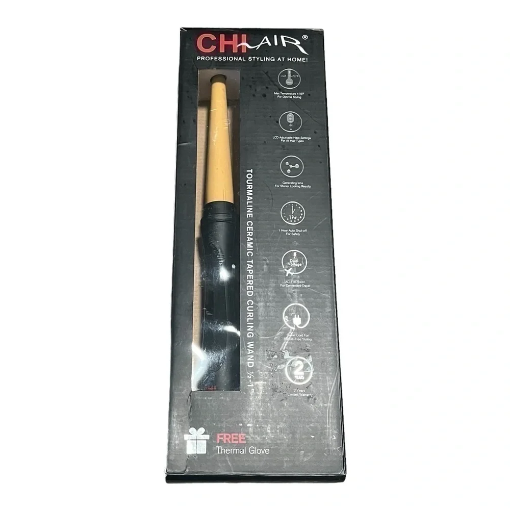 Chi Tourmaline Ceramic Tapered Curling Wand – Onyx Black, New in Box w/ glove